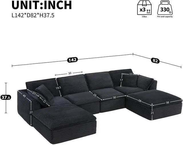 Alt view image 2 of 7 - 142*82" Fully Compressed Modular Sectional Sofa, U Shape with Ottomans, Luxury Corduroy with Extra Width&Depth Cloud Like Soft Cushion, No Assembly Required, for Living Room&Apartment,2 Colors