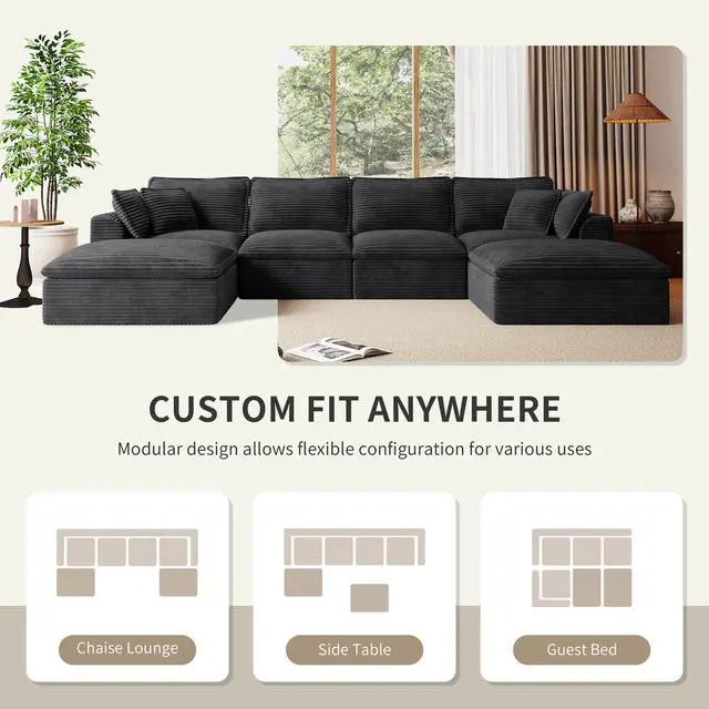 Alt view image 6 of 7 - 142*82" Fully Compressed Modular Sectional Sofa, U Shape with Ottomans, Luxury Corduroy with Extra Width&Depth Cloud Like Soft Cushion, No Assembly Required, for Living Room&Apartment,2 Colors
