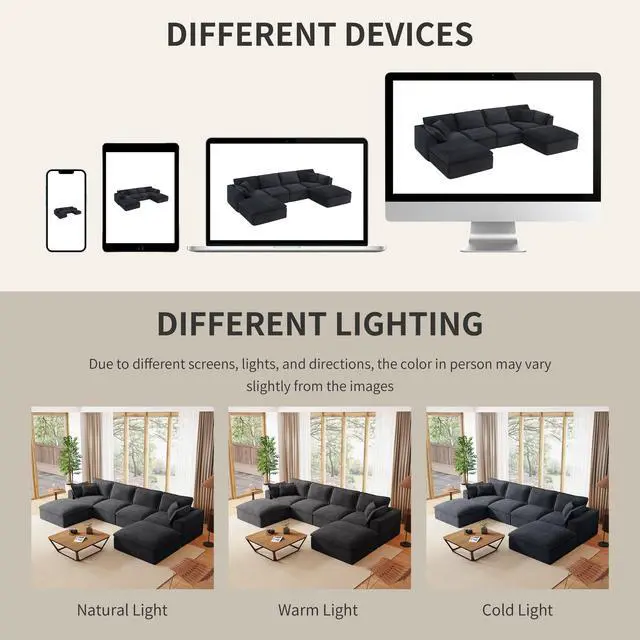 Alt view image 7 of 7 - 142*82" Fully Compressed Modular Sectional Sofa, U Shape with Ottomans, Luxury Corduroy with Extra Width&Depth Cloud Like Soft Cushion, No Assembly Required, for Living Room&Apartment,2 Colors
