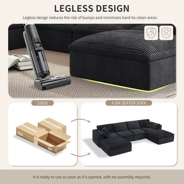 Alt view image 5 of 7 - 142*82" Fully Compressed Modular Sectional Sofa, U Shape with Ottomans, Luxury Corduroy with Extra Width&Depth Cloud Like Soft Cushion, No Assembly Required, for Living Room&Apartment,2 Colors