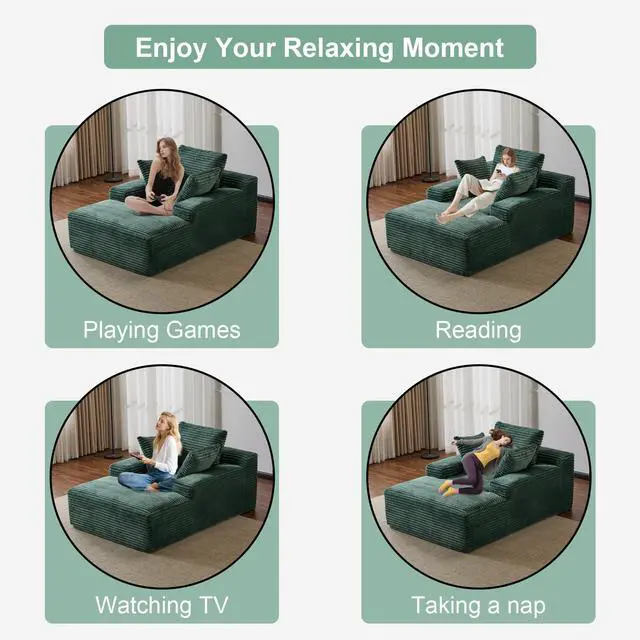 Alt view image 4 of 7 - Oversized Chaise Lounge Chair Cozy Cloud Couch, Modern Plush Corduroy Upholstered Sleeper Sofa Daybed with 3 Throw Pillows and Wide Armrest for Living Room, No Assembly Required,Green