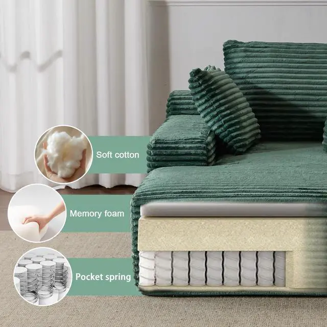 Alt view image 6 of 7 - Oversized Chaise Lounge Chair Cozy Cloud Couch, Modern Plush Corduroy Upholstered Sleeper Sofa Daybed with 3 Throw Pillows and Wide Armrest for Living Room, No Assembly Required,Green