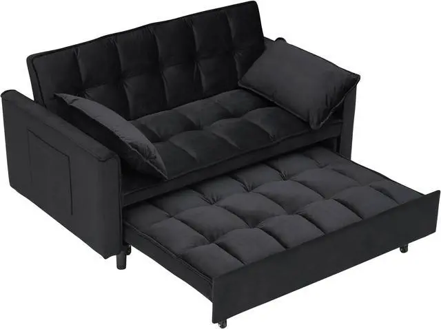 Alt view image 3 of 3 - Modern velvet sofa, sofa pull-out bed, small love seat casual sofa with back, with pillow, pockets, living room furniture, 3 in 1 convertible sleep sofa bed.