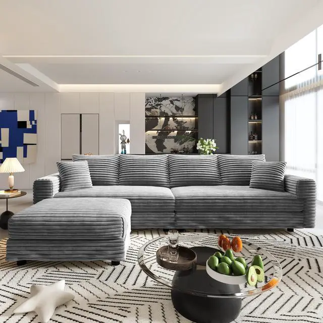 Alt view image 6 of 7 - 102.4 "Plush Corduroy 4-Seat Sofa,Modern Comfy Upholstered Sofa Cloud Couch,Deep Seat Couches with Soft Pillows and Movable Ottoman,Convertible Sofa Lounge Chair,for Living Room,Apartment,Office,Grey