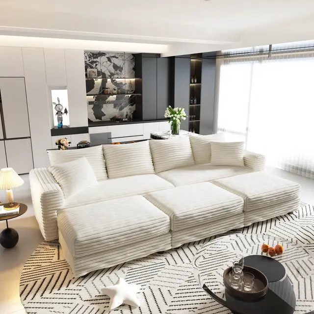 Main image of 102.4 "Plush Corduroy 4-Seat Sofa,Modern Comfy Upholstered Sofa Cloud Couch,Deep Seat Couches with Soft Pillows and 3 Ottomans,Convertible Sofa Lounge Chair,for Living Room,Apartment,Beige/White