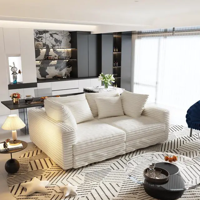 Alt view image 5 of 7 - 102.4 "Plush Corduroy 4-Seat Sofa,Modern Comfy Upholstered Sofa Cloud Couch,Deep Seat Couches with Soft Pillows and 3 Ottomans,Convertible Sofa Lounge Chair,for Living Room,Apartment,Beige/White