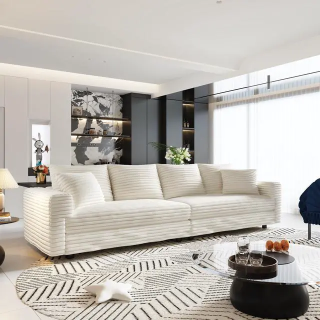 Alt view image 7 of 7 - 102.4 "Plush Corduroy 4-Seat Sofa,Modern Comfy Upholstered Sofa Cloud Couch,Deep Seat Couches with Soft Pillows and 3 Ottomans,Convertible Sofa Lounge Chair,for Living Room,Apartment,Beige/White