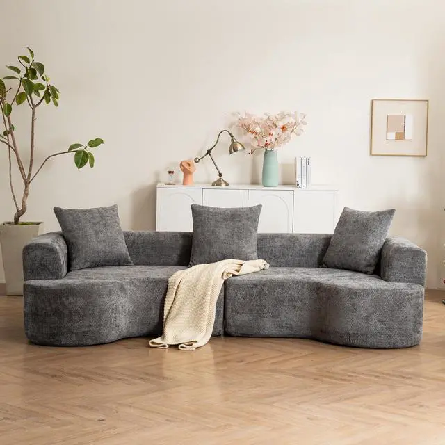 Main image of Modern style curved sofa, soft cushioned corduroy sofa with 3 pillows, living room cream white super smooth curved fabric sofa Gray