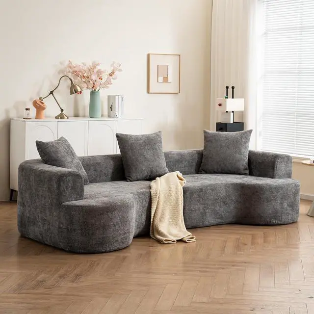 Alt view image 2 of 7 - Modern style curved sofa, soft cushioned corduroy sofa with 3 pillows, living room cream white super smooth curved fabric sofa Gray