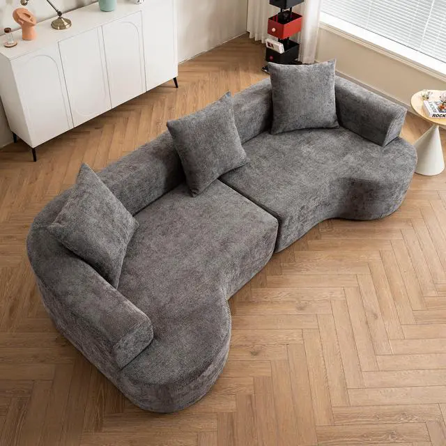 Alt view image 5 of 7 - Modern style curved sofa, soft cushioned corduroy sofa with 3 pillows, living room cream white super smooth curved fabric sofa Gray