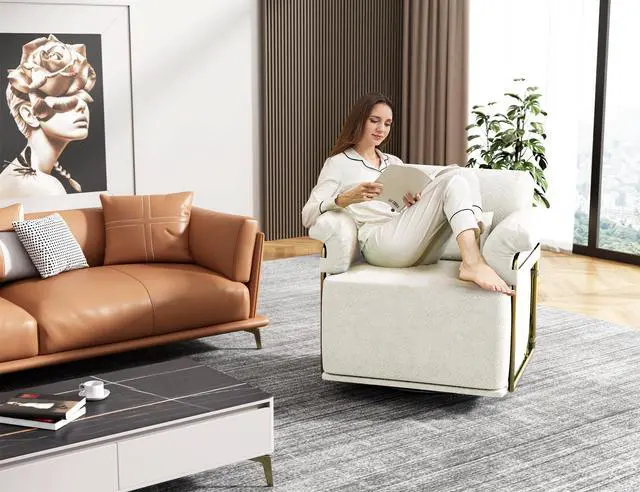 Alt view image 5 of 7 - 360 Degree Square Swivel Accent Sofa Chair,Fluffy Fabric Lounge Wide Upholstered Reading Chair with Gold Metal Legs, Comfortable Armchair for Living Room,Bedroom,Office(Beige)