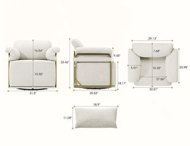 Alt view image 3 of 7 - 360 Degree Square Swivel Accent Sofa Chair,Fluffy Fabric Lounge Wide Upholstered Reading Chair with Gold Metal Legs, Comfortable Armchair for Living Room,Bedroom,Office(Beige)