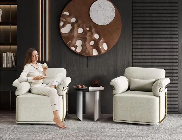 Alt view image 6 of 7 - 360 Degree Square Swivel Accent Sofa Chair,Fluffy Fabric Lounge Wide Upholstered Reading Chair with Gold Metal Legs, Comfortable Armchair for Living Room,Bedroom,Office(Beige)