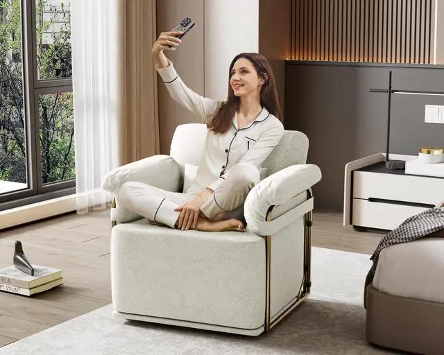 Alt view image 4 of 7 - 360 Degree Square Swivel Accent Sofa Chair,Fluffy Fabric Lounge Wide Upholstered Reading Chair with Gold Metal Legs, Comfortable Armchair for Living Room,Bedroom,Office(Beige)