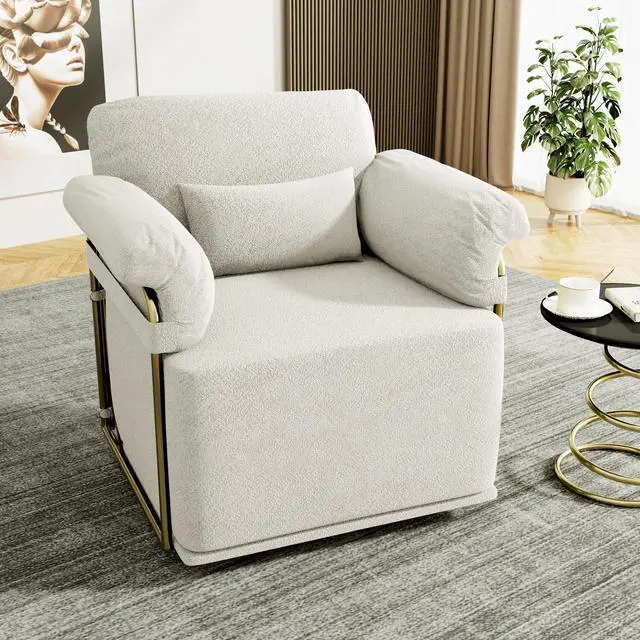 Main image of 360 Degree Square Swivel Accent Sofa Chair,Fluffy Fabric Lounge Wide Upholstered Reading Chair with Gold Metal Legs, Comfortable Armchair for Living Room,Bedroom,Office(Beige)