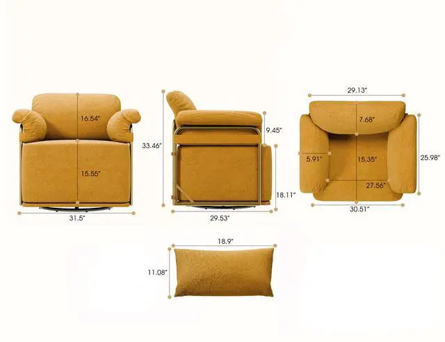 Alt view image 3 of 7 - 360 Degree Square Swivel Accent Sofa Chair,Fluffy Fabric Lounge Wide Upholstered Reading Chair with Gold Metal Legs, Comfortable Armchair for Living Room,Bedroom,Office(Orange)