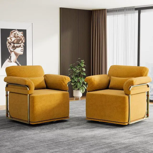 Alt view image 2 of 7 - 360 Degree Square Swivel Accent Sofa Chair,Fluffy Fabric Lounge Wide Upholstered Reading Chair with Gold Metal Legs, Comfortable Armchair for Living Room,Bedroom,Office(Orange)