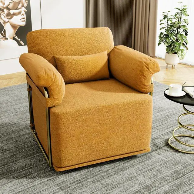 Main image of 360 Degree Square Swivel Accent Sofa Chair,Fluffy Fabric Lounge Wide Upholstered Reading Chair with Gold Metal Legs, Comfortable Armchair for Living Room,Bedroom,Office(Orange)