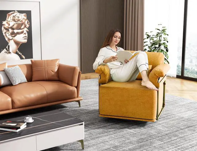 Alt view image 4 of 7 - 360 Degree Square Swivel Accent Sofa Chair,Fluffy Fabric Lounge Wide Upholstered Reading Chair with Gold Metal Legs, Comfortable Armchair for Living Room,Bedroom,Office(Orange)