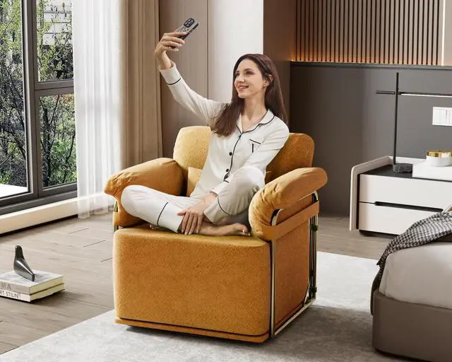 Alt view image 5 of 7 - 360 Degree Square Swivel Accent Sofa Chair,Fluffy Fabric Lounge Wide Upholstered Reading Chair with Gold Metal Legs, Comfortable Armchair for Living Room,Bedroom,Office(Orange)