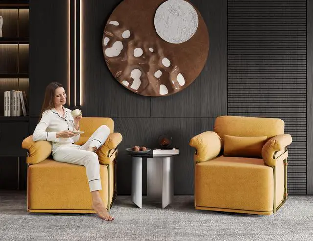 Alt view image 6 of 7 - 360 Degree Square Swivel Accent Sofa Chair,Fluffy Fabric Lounge Wide Upholstered Reading Chair with Gold Metal Legs, Comfortable Armchair for Living Room,Bedroom,Office(Orange)