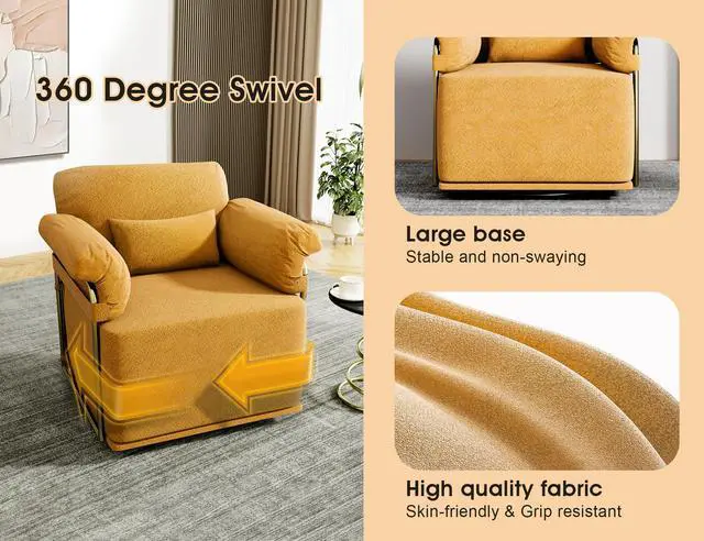 Alt view image 7 of 7 - 360 Degree Square Swivel Accent Sofa Chair,Fluffy Fabric Lounge Wide Upholstered Reading Chair with Gold Metal Legs, Comfortable Armchair for Living Room,Bedroom,Office(Orange)