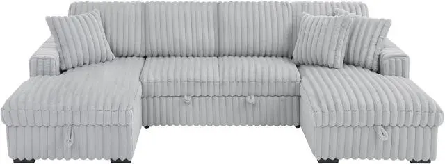 Alt view image 2 of 5 - U Shaped Sleeper Sofa, 122 inch Overisze - 2 in 1 Pull Out Bed, Sectional Sleeper Sofa with Double Storage Chaise for Living Room, Rabbit plush Corduroy Fabric Couch, Grey
