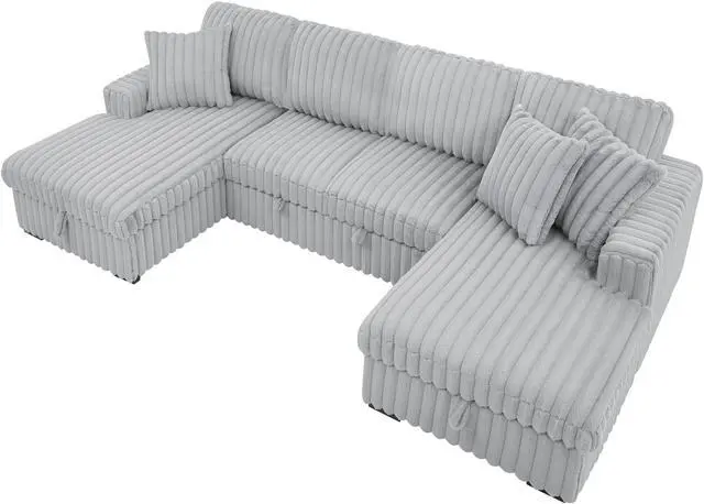 Main image of U Shaped Sleeper Sofa, 122 inch Overisze - 2 in 1 Pull Out Bed, Sectional Sleeper Sofa with Double Storage Chaise for Living Room, Rabbit plush Corduroy Fabric Couch, Grey