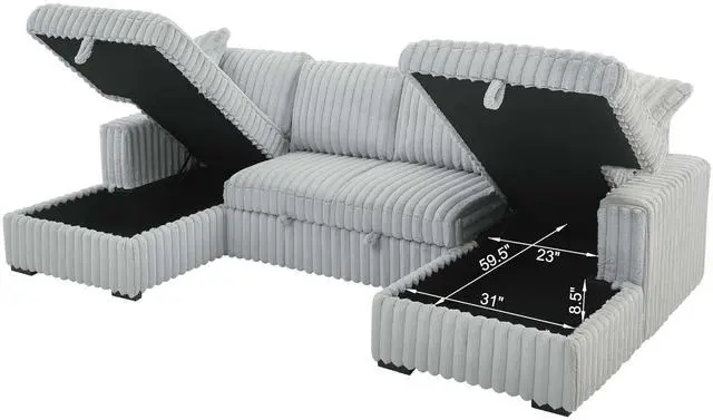 Alt view image 4 of 5 - U Shaped Sleeper Sofa, 122 inch Overisze - 2 in 1 Pull Out Bed, Sectional Sleeper Sofa with Double Storage Chaise for Living Room, Rabbit plush Corduroy Fabric Couch, Grey