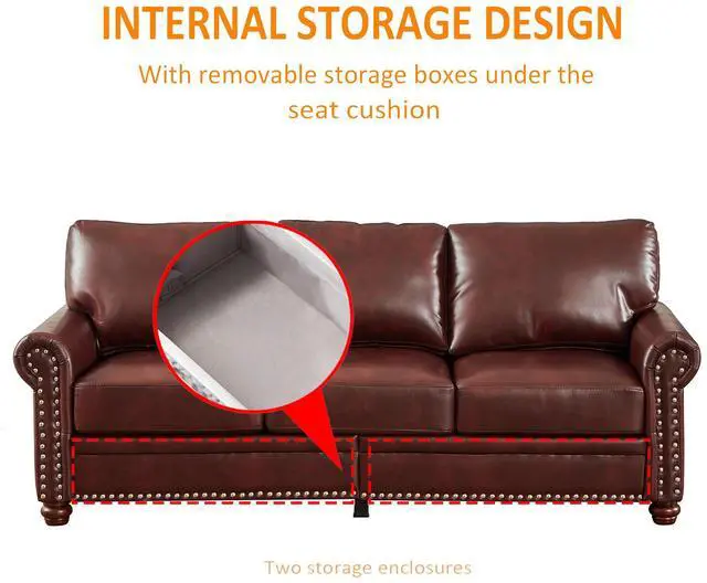 Alt view image 4 of 4 - Living Room Sofa with Storage Sofa 2+3 Sectional Burgundy Faux Leather