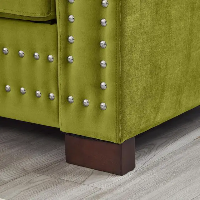 Alt view image 5 of 7 - Modern Design Living Room Sofa 2+3 Seater Square armrest with Silver Nails Decoration Upholstered Velvet Couch Green