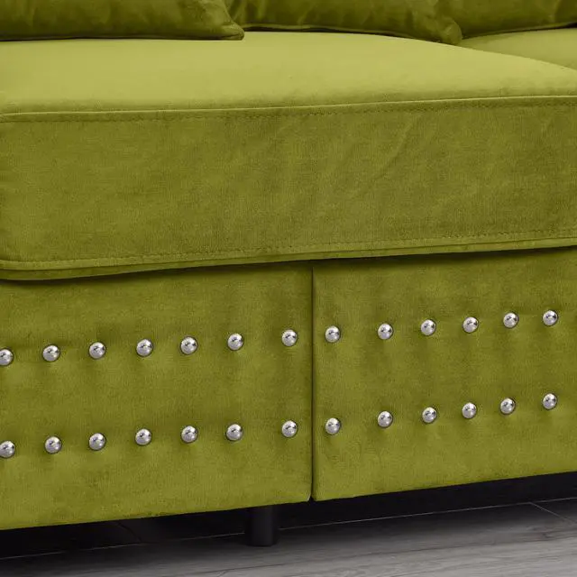 Alt view image 6 of 7 - Modern Design Living Room Sofa 2+3 Seater Square armrest with Silver Nails Decoration Upholstered Velvet Couch Green