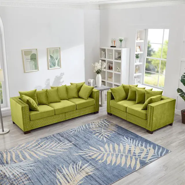 Main image of Modern Design Living Room Sofa 2+3 Seater Square armrest with Silver Nails Decoration Upholstered Velvet Couch Green