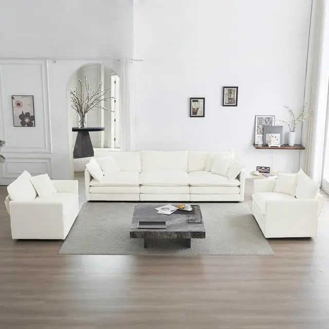 Main image of Sofa Set of 3, 1+1+3 Seats Living Room Sofa Set, Accent Chair, Loveseat, and Three-Seat Sofa Modern Style Round Arms 3 Piece Sofa Set, White