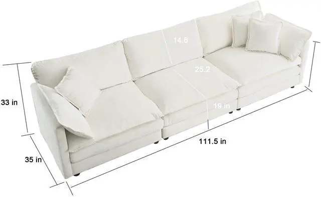 Alt view image 6 of 7 - Mid-Century Modern Couch 3-Seater Sofa with 2 Armrest Pillows and 3 Toss Pillows, Couch for Living Room White Chenille