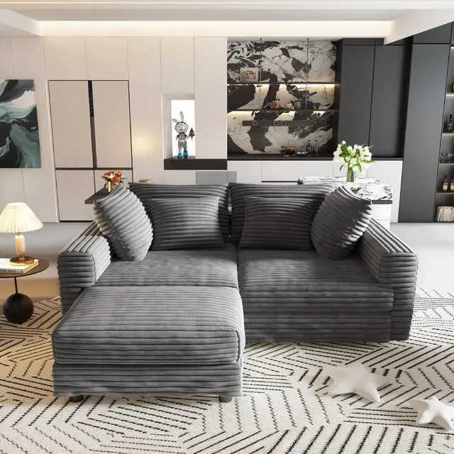 Alt view image 7 of 7 - 102.4 "Plush Corduroy 4-Seat Sofa,Modern Comfy Upholstered Sofa Cloud Couch,Deep Seat Couches with Soft Pillows and Movable Ottoman,Convertible Sofa Lounge Chair,for Living Room,Apartment,Office,Grey