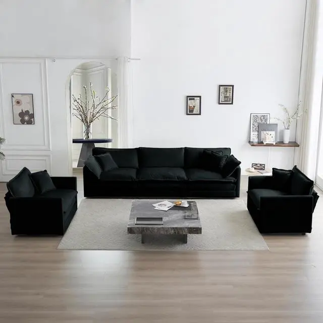 Main image of Sofa Set of 3, 1+1+3 Seats Living Room Sofa Set, Accent Chair, Loveseat, and Three-Seat Sofa Modern Style Round Arms 3 Piece Sofa Set, Black Chenille