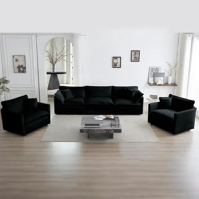 Alt view image 5 of 7 - Sofa Set of 3, 1+1+3 Seats Living Room Sofa Set, Accent Chair, Loveseat, and Three-Seat Sofa Modern Style Round Arms 3 Piece Sofa Set, Black Chenille