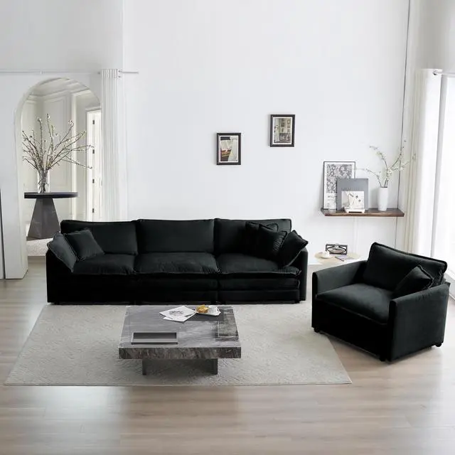 Alt view image 3 of 7 - Sofa Set of 3, 1+1+3 Seats Living Room Sofa Set, Accent Chair, Loveseat, and Three-Seat Sofa Modern Style Round Arms 3 Piece Sofa Set, Black Chenille