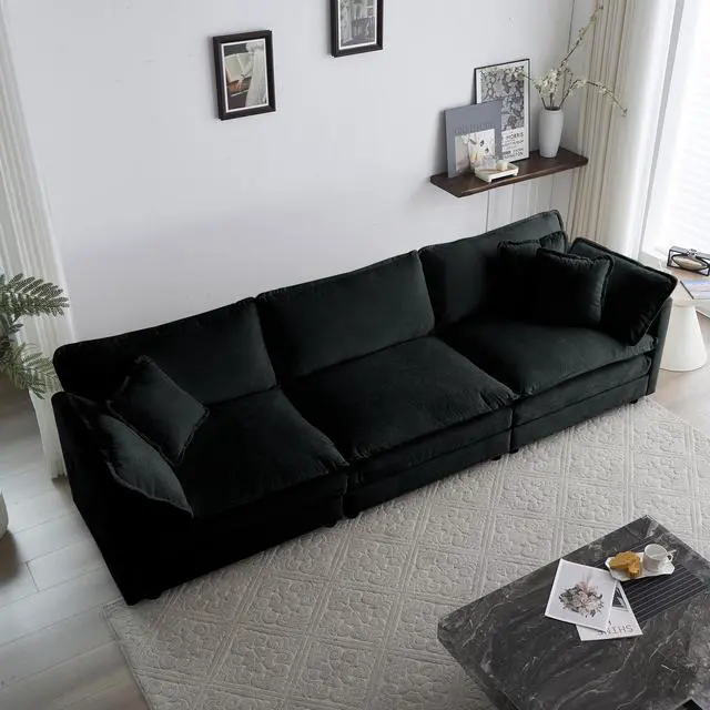 Alt view image 2 of 7 - Mid-Century Modern Couch 3-Seater Sofa with 2 Armrest Pillows and 3 Toss Pillows, Couch for Living Room Black Chenille