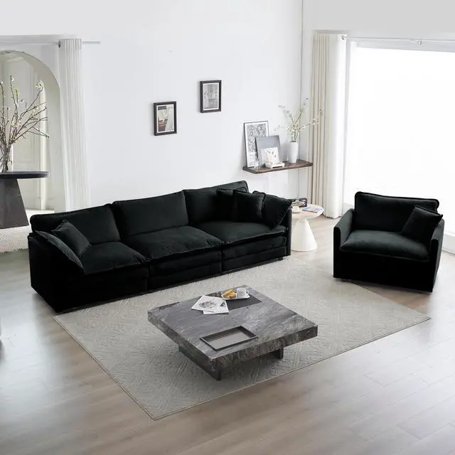 Alt view image 4 of 7 - Sofa Set of 3, 1+1+3 Seats Living Room Sofa Set, Accent Chair, Loveseat, and Three-Seat Sofa Modern Style Round Arms 3 Piece Sofa Set, Black Chenille