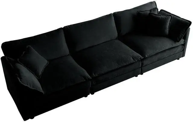 Alt view image 4 of 7 - Mid-Century Modern Couch 3-Seater Sofa with 2 Armrest Pillows and 3 Toss Pillows, Couch for Living Room Black Chenille