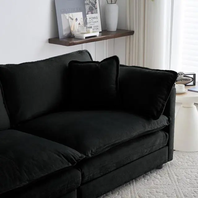 Alt view image 6 of 7 - Mid-Century Modern Couch 3-Seater Sofa with 2 Armrest Pillows and 3 Toss Pillows, Couch for Living Room Black Chenille