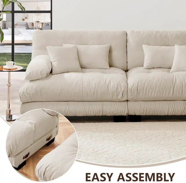 Alt view image 6 of 7 - Cloud Couch Sectional Sofa for Living Room, Chenille 2 Seater Sofa with 2 Lumbar pillows and 2 throw pillows , Upholstered Wide Arm Sofa with Convertible Ottoman,Chenille Light coffee