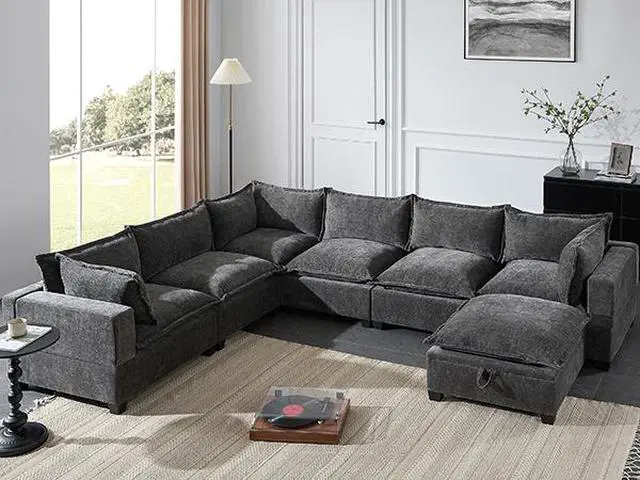 Alt view image 3 of 7 - [VIDEO+NEW]118'' Modular Sectional Sofa with Movable Storage Ottoman,7 Seat U Shaped Couch,Wide Seat & Free Combination,Oversized Chenille Sofa for Living Room & Apartment,2 Colors