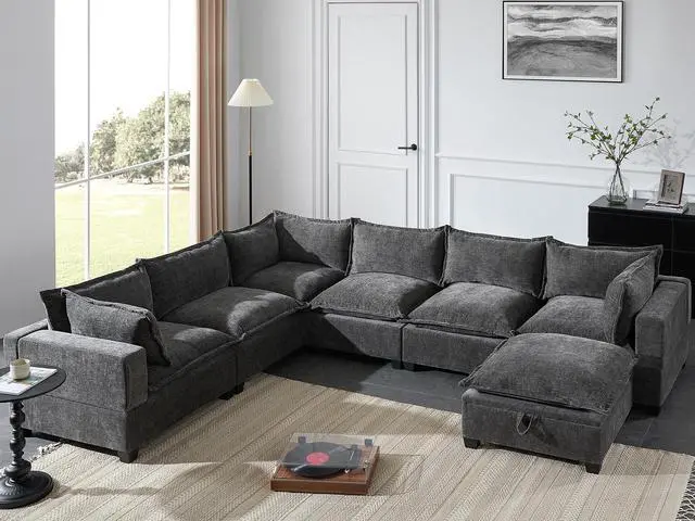 Alt view image 4 of 7 - [VIDEO+NEW]118'' Modular Sectional Sofa with Movable Storage Ottoman,7 Seat U Shaped Couch,Wide Seat & Free Combination,Oversized Chenille Sofa for Living Room & Apartment,2 Colors