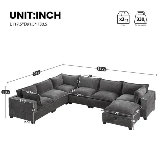 Alt view image 2 of 7 - [VIDEO+NEW]118'' Modular Sectional Sofa with Movable Storage Ottoman,7 Seat U Shaped Couch,Wide Seat & Free Combination,Oversized Chenille Sofa for Living Room & Apartment,2 Colors