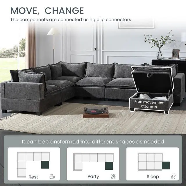 Alt view image 5 of 7 - [VIDEO+NEW]118'' Modular Sectional Sofa with Movable Storage Ottoman,7 Seat U Shaped Couch,Wide Seat & Free Combination,Oversized Chenille Sofa for Living Room & Apartment,2 Colors