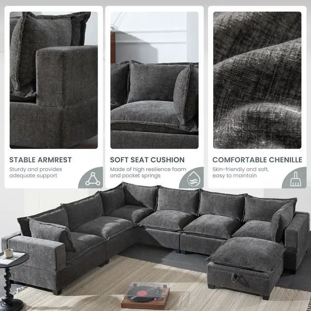 Alt view image 7 of 7 - [VIDEO+NEW]118'' Modular Sectional Sofa with Movable Storage Ottoman,7 Seat U Shaped Couch,Wide Seat & Free Combination,Oversized Chenille Sofa for Living Room & Apartment,2 Colors