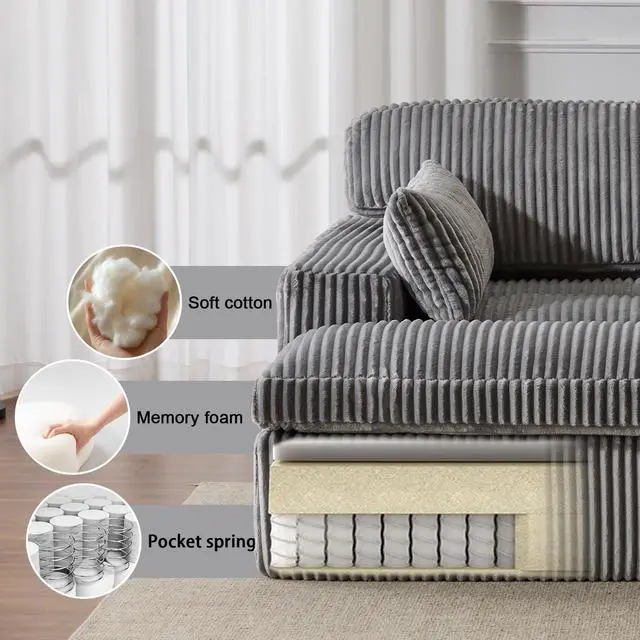 Alt view image 4 of 7 - Double Chaise Lounge Chair Indoor,Oversized Upholstered Sleeper Cloud Couch,Deep Seat Luxury Sofa Bed,Sectional Sofa Chaise Love-seat,Corduroy Reading Chair for Living Room,No Assembly Required,Grey